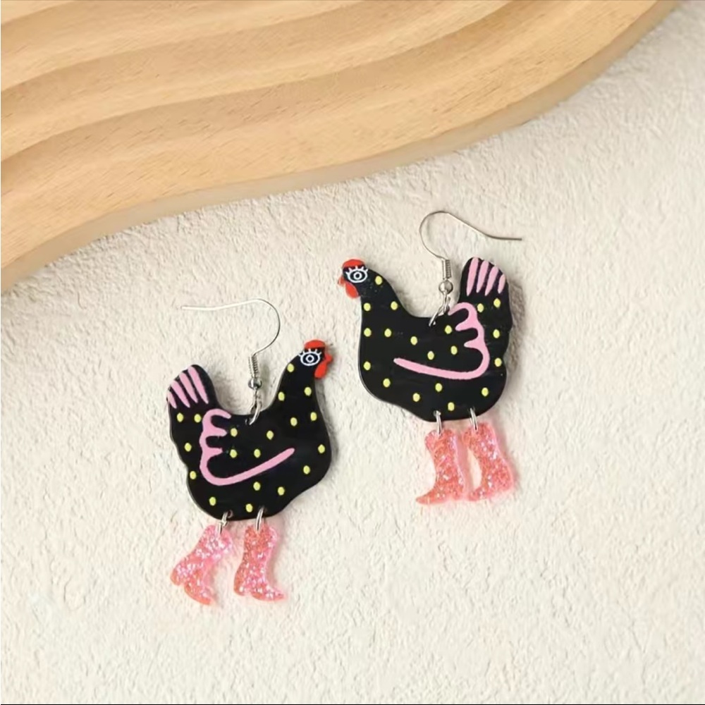 5/$25 π Funny Cute Chicken Cowboy Boots Acrylic Earrings - Picture 2 of 4